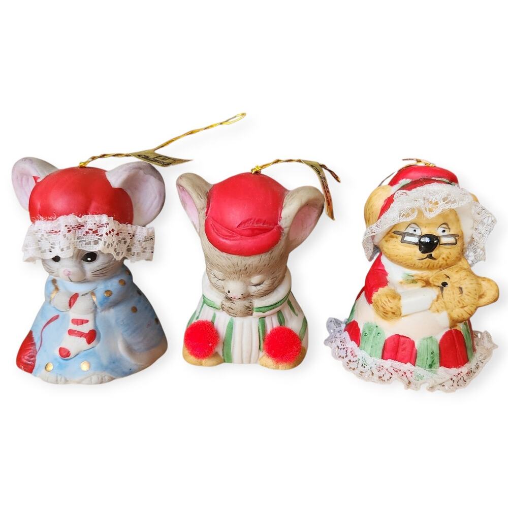 Lot 3 Vintage Jasco Bisque Porcelain Taiwan Caring Critter Chimer Bell Ornaments
